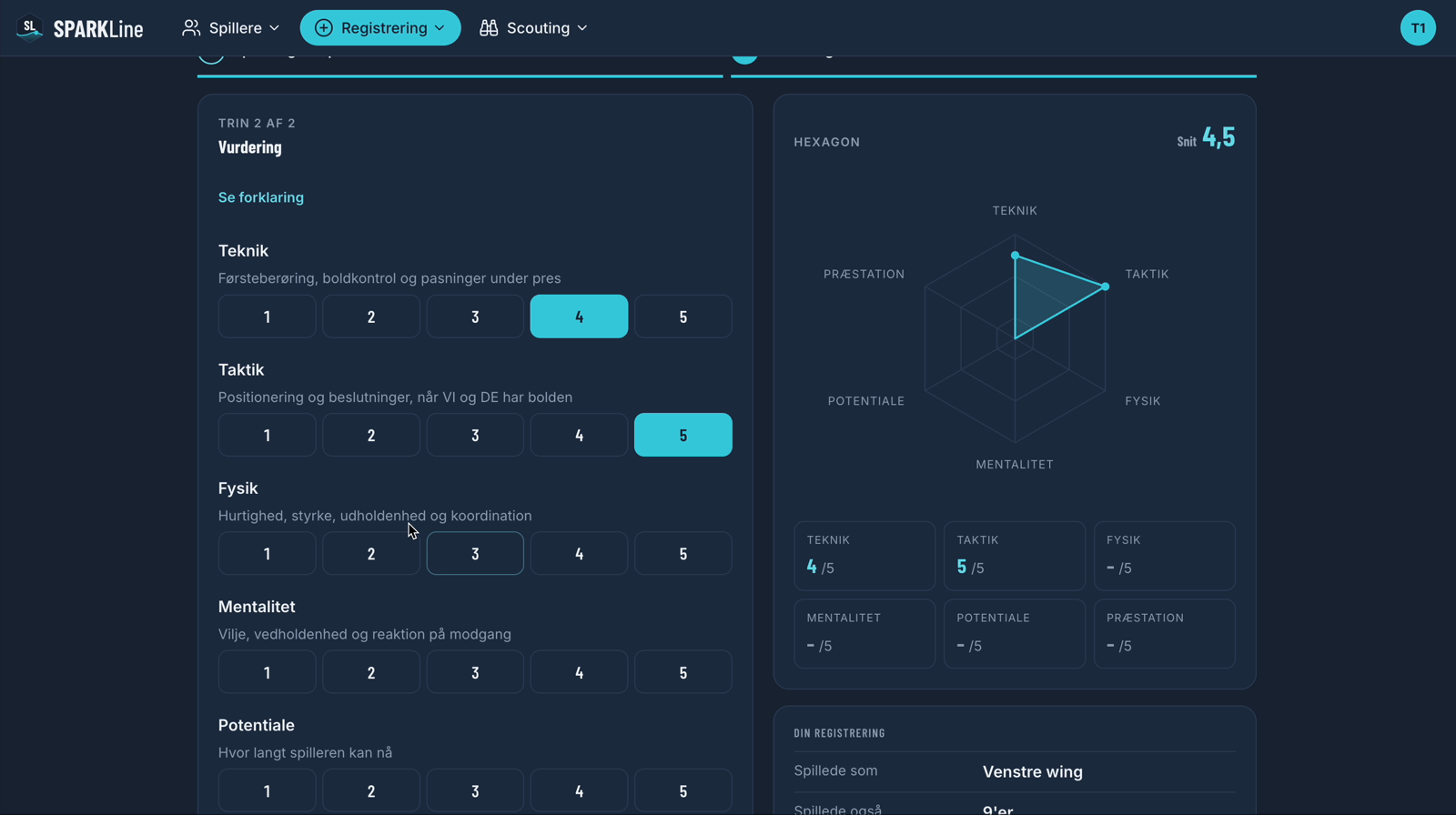 Vurdering af spiller med karakterer og live hexagon